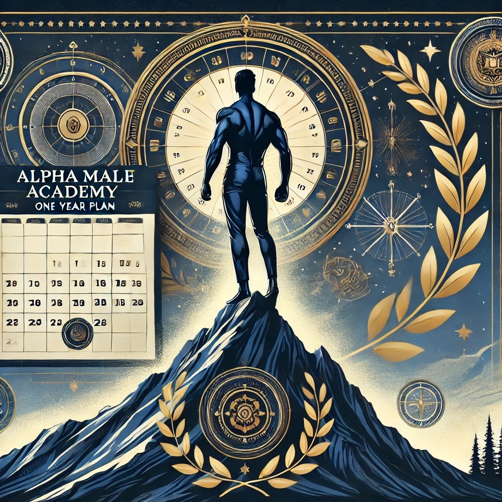 Transformed Alpha Male on Mountain Peak with Symbols of Mastery